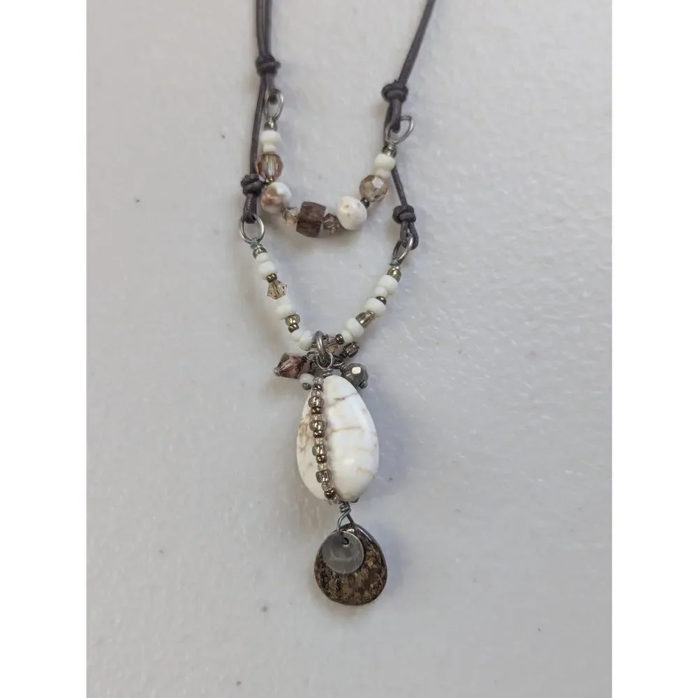 Stone Pendant Leather Necklace Beaded Boho Western Neutral Hippie Peyote Bird